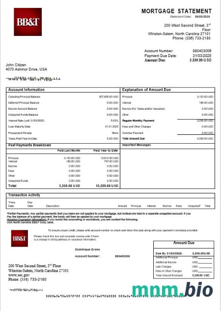 USA Karolina Północna BB&T Corp. Bank wyciąg z kredytu hipotecznego w formatach Word i PDF
